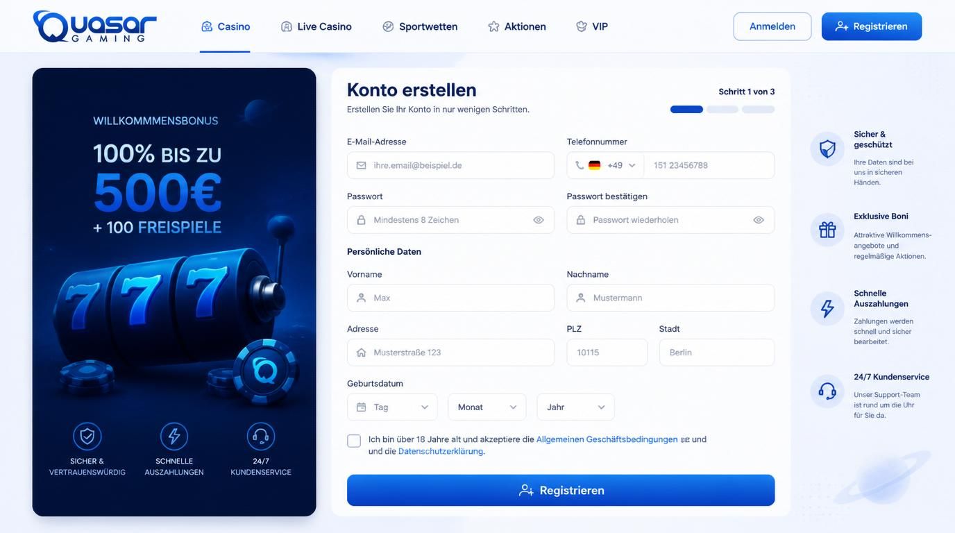 Registrierungsformular mit den wichtigsten Feldern sichtbar, Fortschrittsbalken und deutschem Design