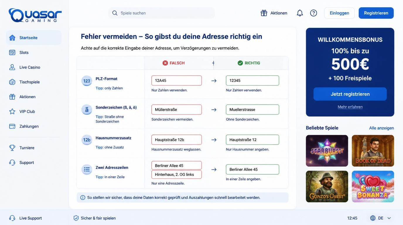 Darstellung korrekter und fehlerhafter Adresseingabe, Hinweise zu Schreibweise