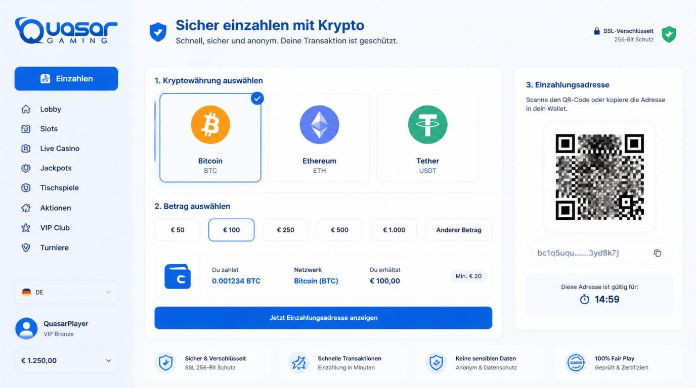 Ein Bild zeigt Bitcoin- und Ethereum-Logos, Wallet-Adresse, SSL-Schloss und Hinweis „Sicher einzahlen mit Krypto“.