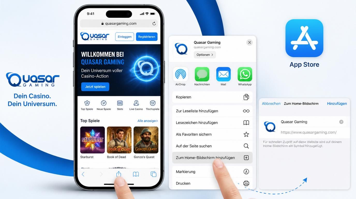 iPhone Darstellung der Quasar Gaming Casino Webseite mit iOS App Store und Safari „Zum Home-Bildschirm“.