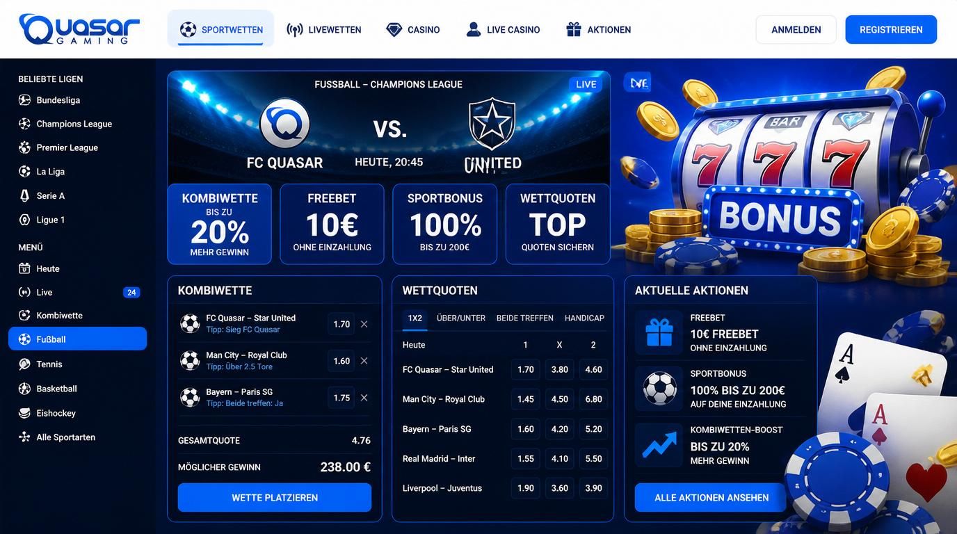 Interface mit Kombiwette, Freebet, Sportbonus und Wettquoten in deutscher Sprache